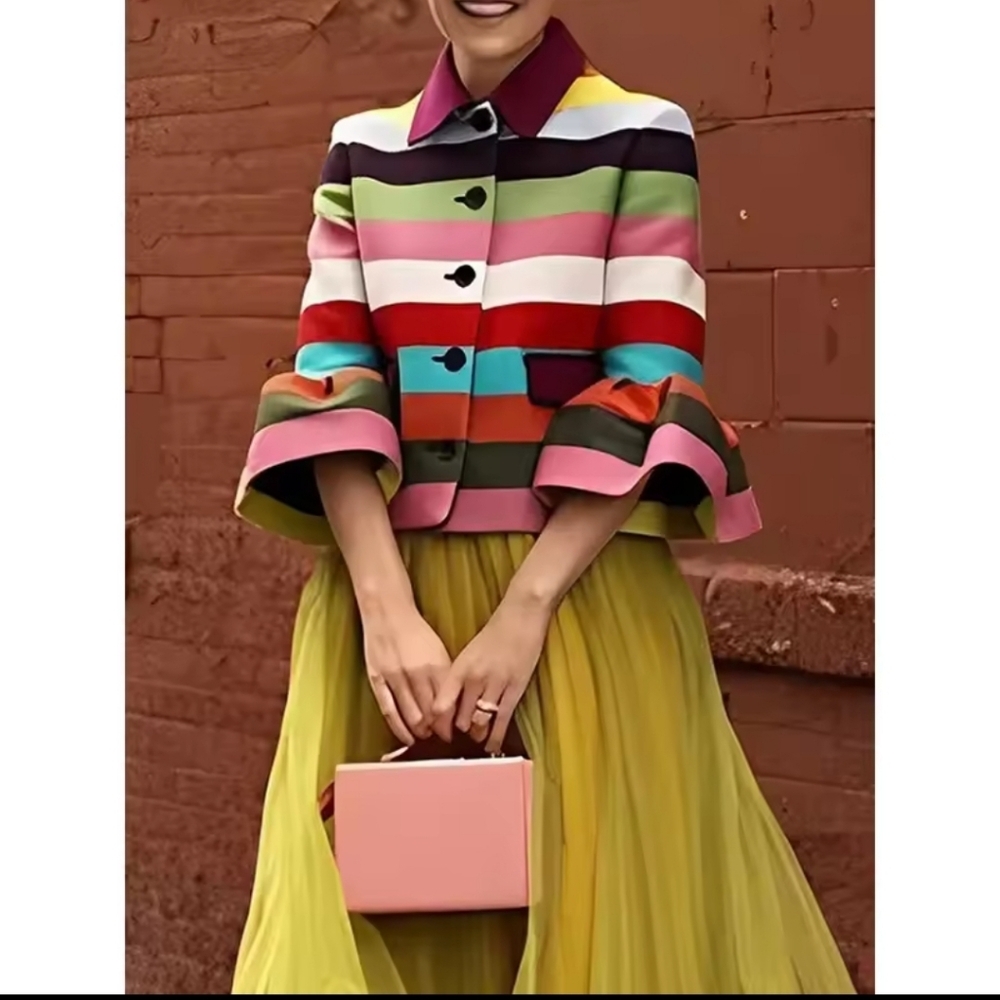 Autumn Fashion Jackets for Women Colorful Striped Lapel Collar Flared Sleeve